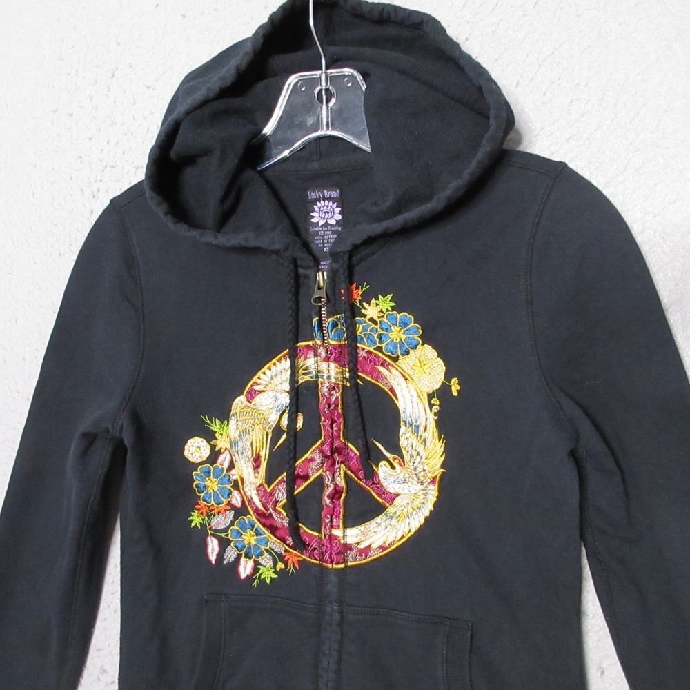 Vintage Y2K Lucky Brand Hoodie Peace Sign Floral Embroidered Zip Crane Indie